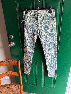 Denim & Supply Ralph Lauren Cream and Teal Floral Print Ankle Jeans